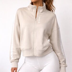 Reebok Beige Zip-Up Track Jacket with White Stripe